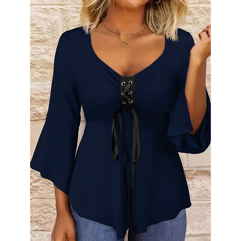 Women's Sexy Lace Plus Size Bow V-Neck Blouse Casual Three-Season Top T-Shirt