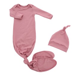Newborn Baby Gown Ribbed Solid Color Easy Neck Design Sleep Sack + Matching Mountain Knot Pajama Set
