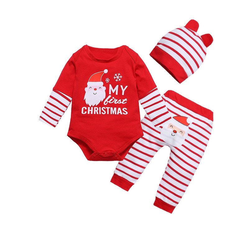 Wholesale Custom Fashion 3pcs Set Baby Boy Girl Romper Hat Set Infant School Child Stock Smocking Christmas Clothing Set