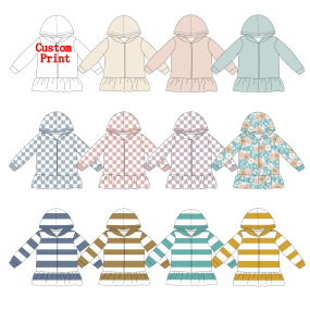 Custom Print Wholesale Kids Hoodie Full Zipper Ruffle Bottom Girls Clothing Sweatshirt
