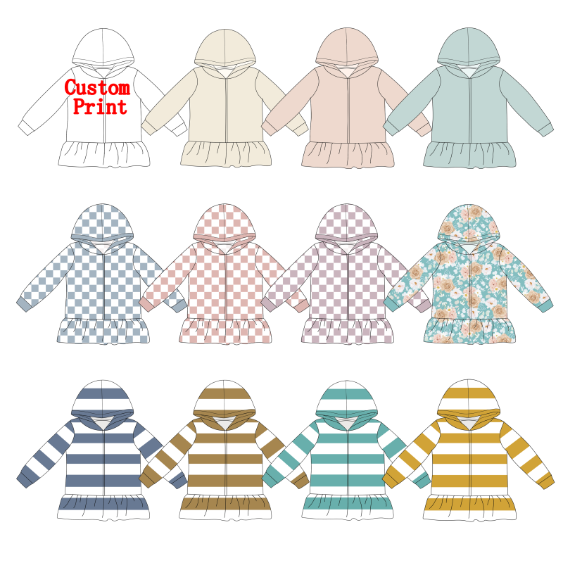 Custom Print Wholesale Kids Hoodie Full Zipper Ruffle Bottom Girls Clothing Sweatshirt