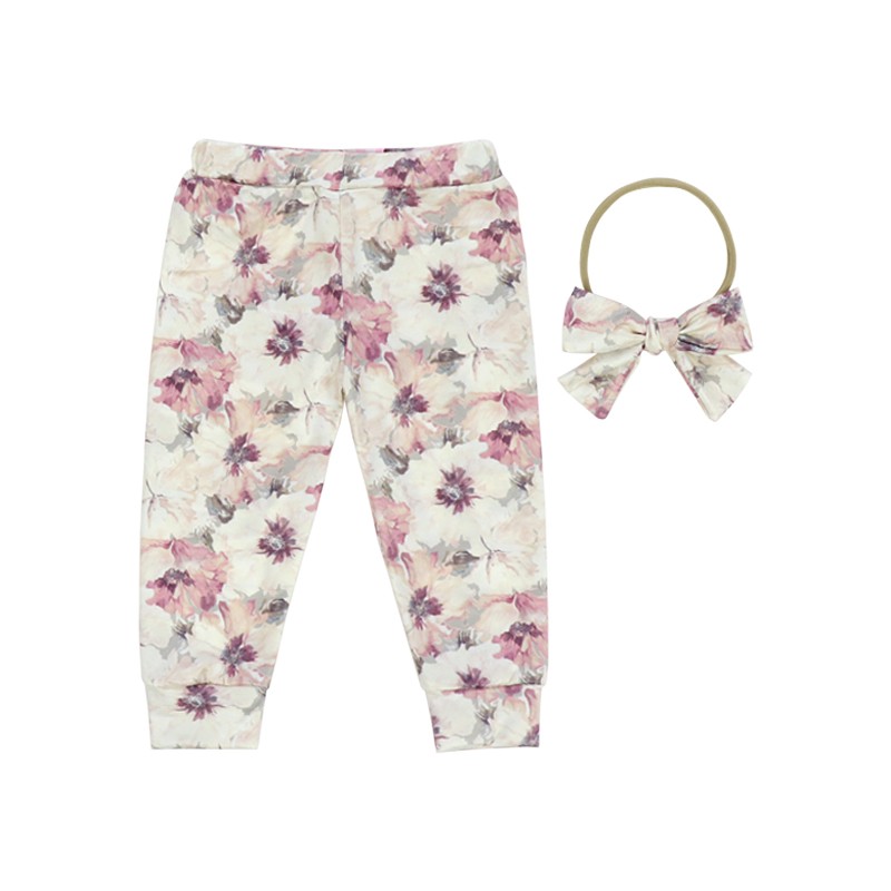 Popular Product 2023 New Arrival Girl Pants Floral Fabric Print Cotton Bell Bottoms with Headband