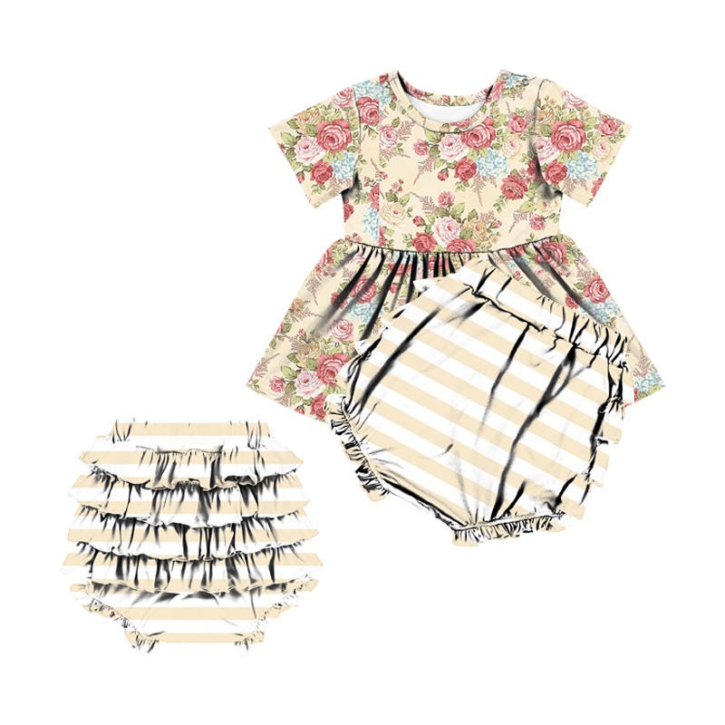 Wholesale Baby Clothes New Design 2pcs Baby Clothing Set Printed Fabric Ruffle Girls Clothing Baby Romper