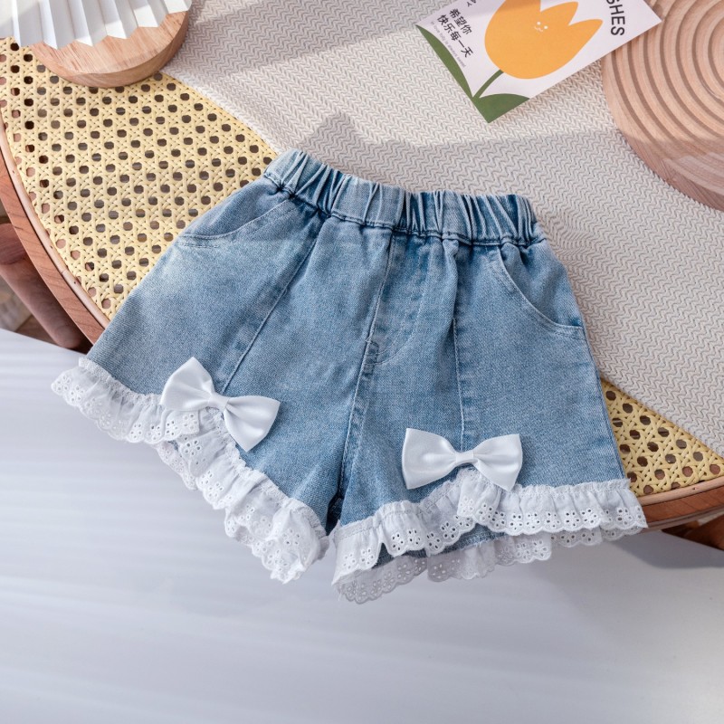 Girls Summer 2024 New Arrival Western Korean Style Versatile Children Summer Wear Thin Denim Shorts with Lace Trendy