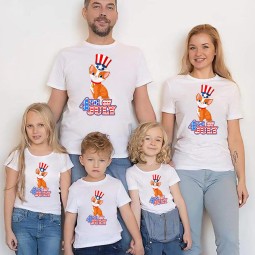 Family Independence Day Fashion Cartoon Print White Cotton Family Matching T-Shirt July 4th Short Sleeve T-Shirt.