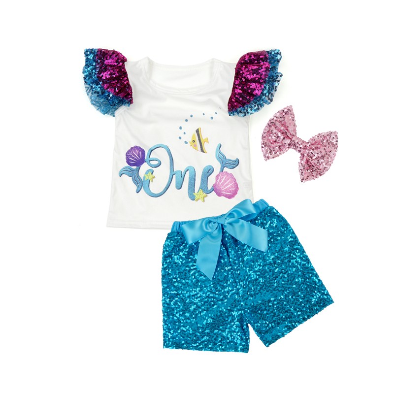 OEM ODM Girls Clothing Set Ruffle Sleeveless Top and Girls Sequin Shorts