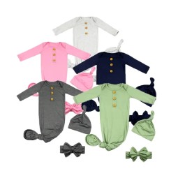 Surprise Price Custom Solid Bamboo Knot Gown with Bow and Hat for Newborn Sleep Sack