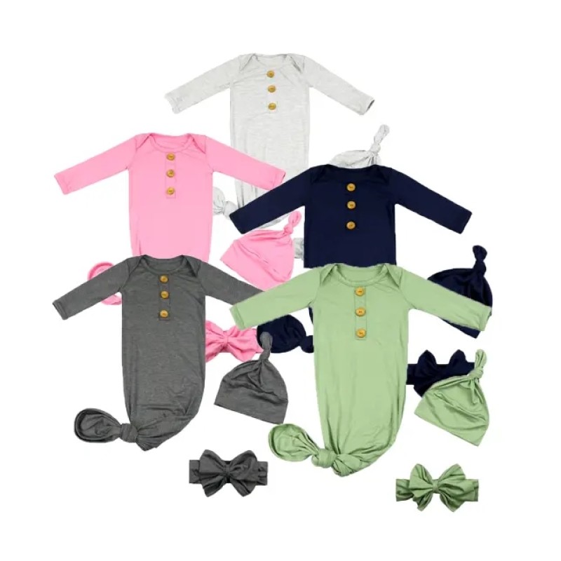 Surprise Price Custom Solid Bamboo Knot Gown with Bow and Hat for Newborn Sleep Sack