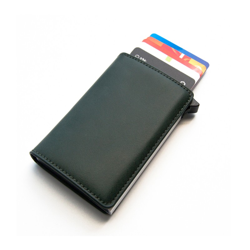 RFID Blocking Ultra-Thin Leather Wallet with Automatic Slide Credit Card Holder Anti-Scan No Buckle Pop-Up Front Pocket Design