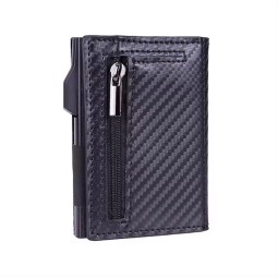 PU Leather RFID Tri-Fold Automatic Card Holder with Zipper Carbon Fiber Magnetic Card Holder Other Sports Bag