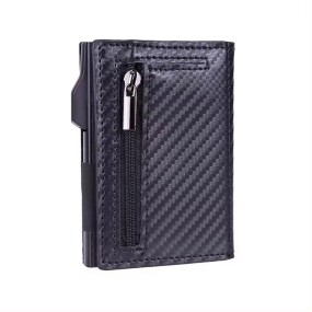 PU Leather RFID Tri-Fold Automatic Card Holder with Zipper Carbon Fiber Magnetic Card Holder Other Sports Bag
