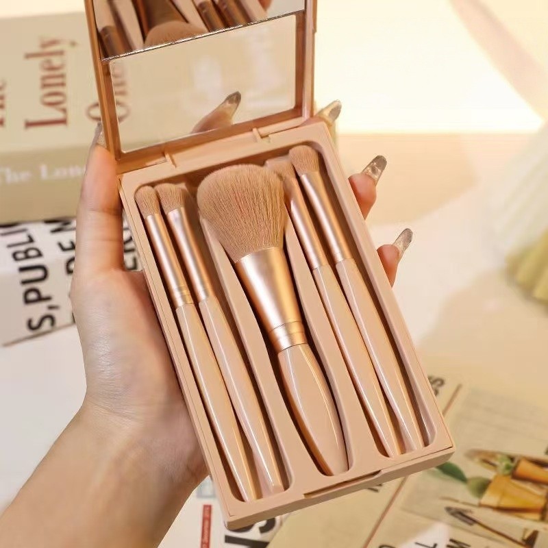 5-Piece Makeup Brush Set with Mirror Lid with Window High-End Appearance Portable Ultra-Soft Bristles