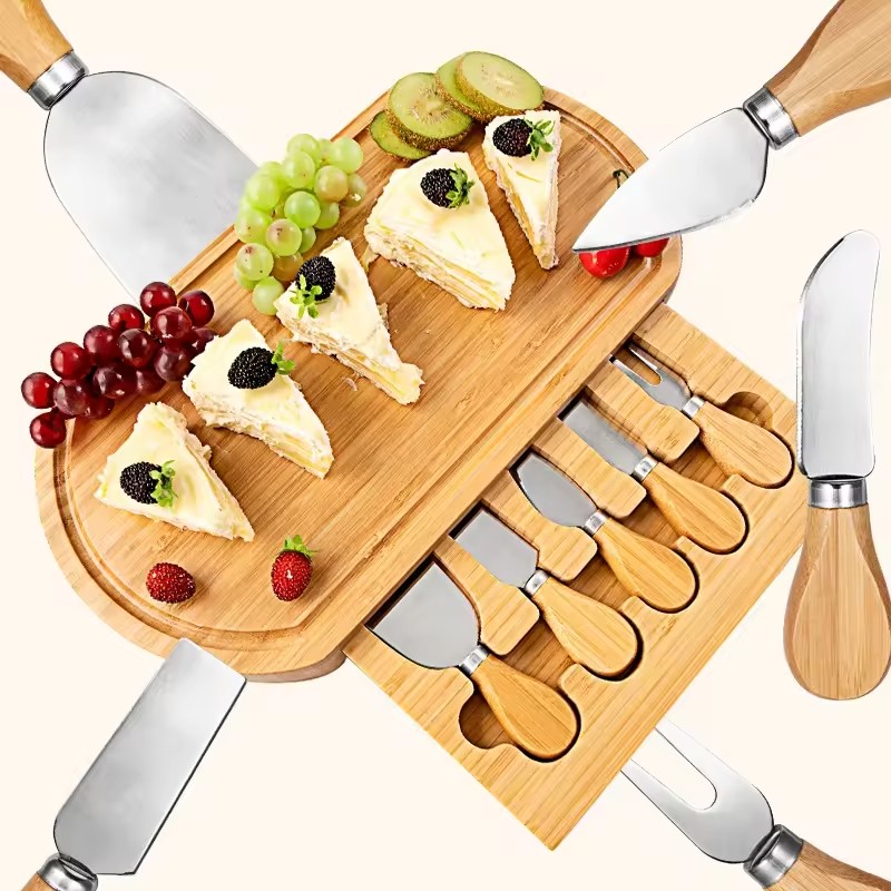Bamboo Cheese Board and Knife Set Tray with Slide-Out Drawer Deli Utensils for Cheese Cutting Cutting Board