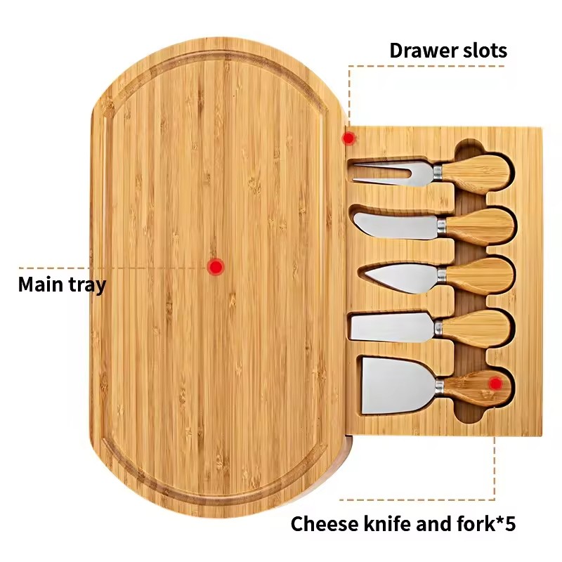 Bamboo Cheese Board and Knife Set Tray with Slide-Out Drawer Deli Utensils for Cheese Cutting Cutting Board