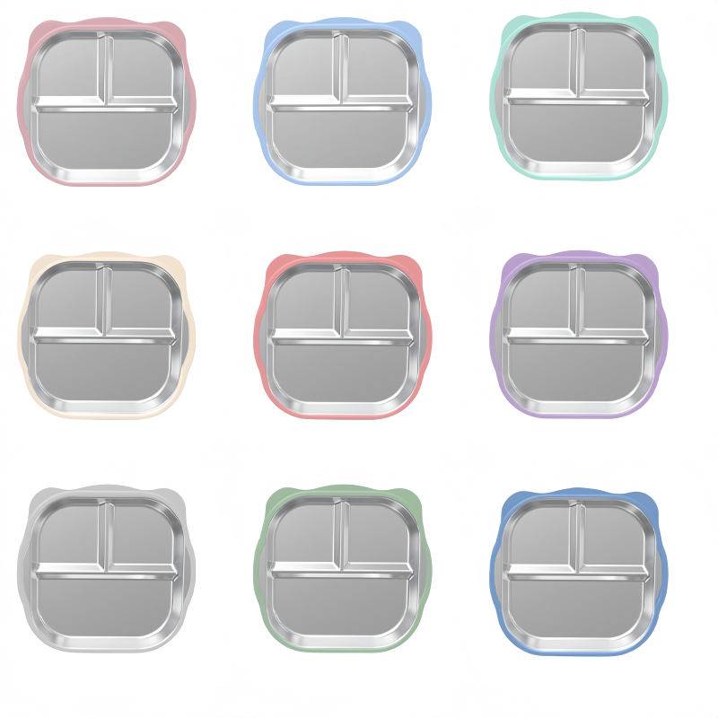 Cute Stainless Steel Children's Plate with Removable Silicone Cover Anti-Slip Square Toddler Baby Small Meal Snack Bowl