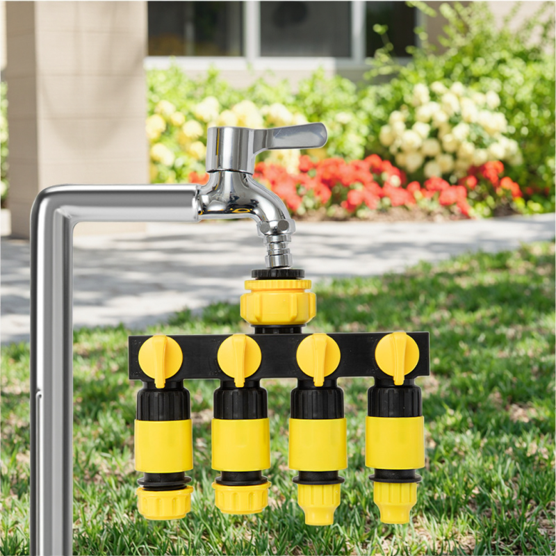Outdoor Garden Four-Way Water Distributor with Switch Four-Way Valve One Inlet Four Outlets Water Divider Adapter