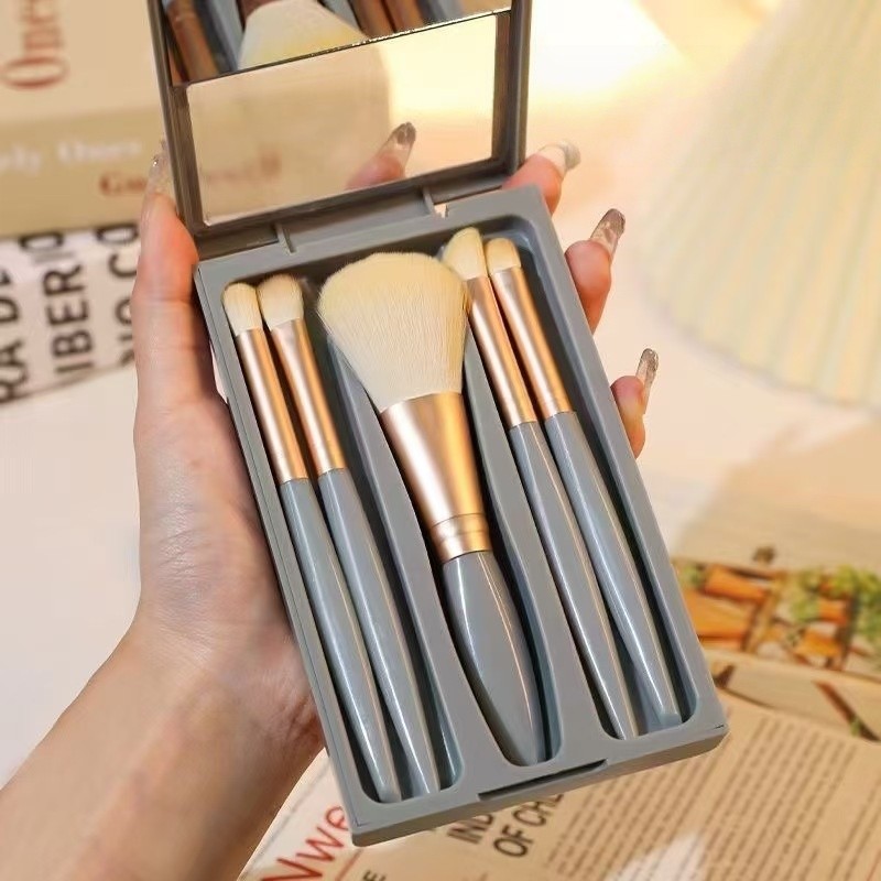 5-Piece Makeup Brush Set with Mirror Lid with Window High-End Appearance Portable Ultra-Soft Bristles