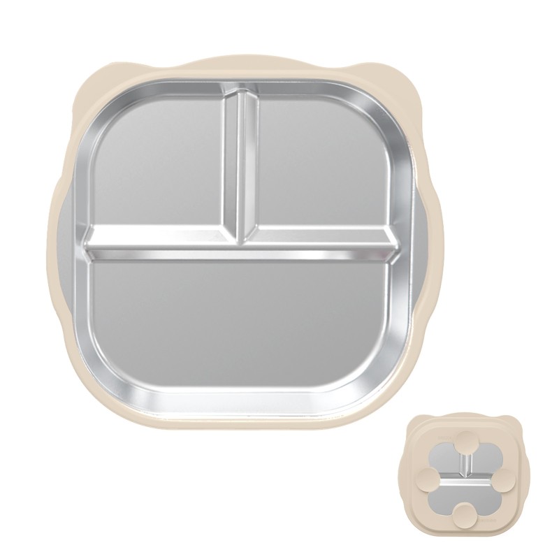 Cute Stainless Steel Children's Plate with Removable Silicone Cover Anti-Slip Square Toddler Baby Small Meal Snack Bowl