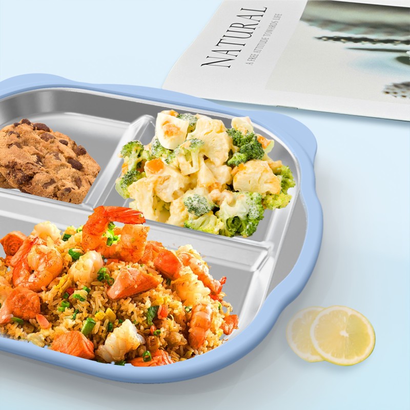 Cute Stainless Steel Children's Plate with Removable Silicone Cover Anti-Slip Square Toddler Baby Small Meal Snack Bowl