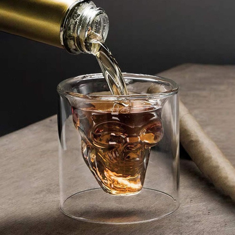 Heat Resisting Borosilicate Skeleton Shaped Double Wall Wine Whiskey Shot Glass Cup