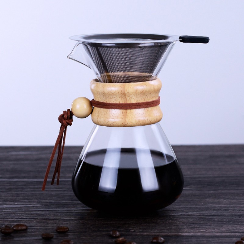 Hot Selling High Temperature Hand-made Funnel Filter Silica Gel Glass Coffee Pot Rubber Wood Tea and Coffee Pot