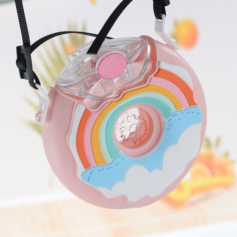 2021 New Donut Shape 380ml Children Bpa Free Drinking Bottle Cute Portable School Kids Water Bottle With Straw /strap