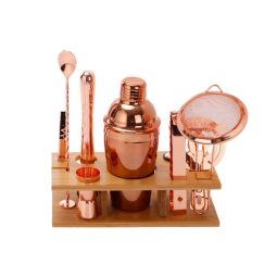 11-pc Premium Brushed Bartender Kit Cocktail Shaker Set Copper Coated Stainless Steel Bar Cocktail Maker Set With Stand