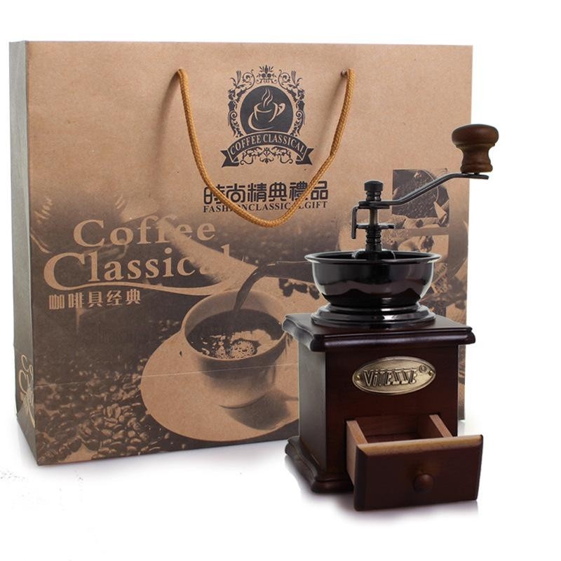 Wholesale Coffee Accessories Gift Box Wood Manual Coffee Grinder with 350 ml Glass French Press