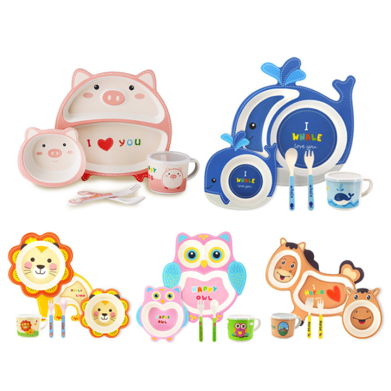 5pcs Eco-friendly Bamboo Fiber Dinner Kids Eating Plate Tableware Sets