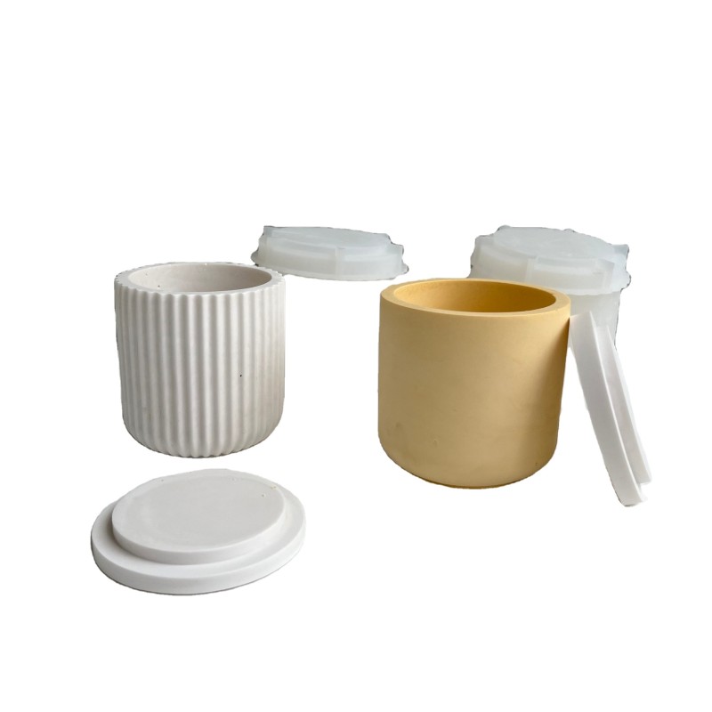 Round Candle Cup With Lid Silicone Mold Storage Box Vertical Stripe Thin Mirror Epoxy Plaster Mold