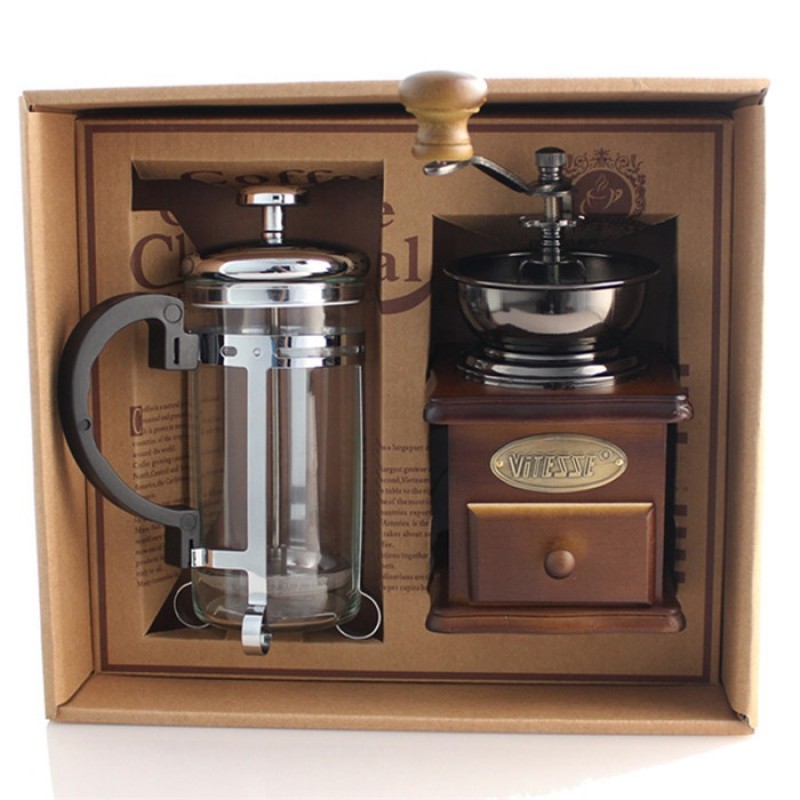 Wholesale Coffee Accessories Gift Box Wood Manual Coffee Grinder with 350 ml Glass French Press