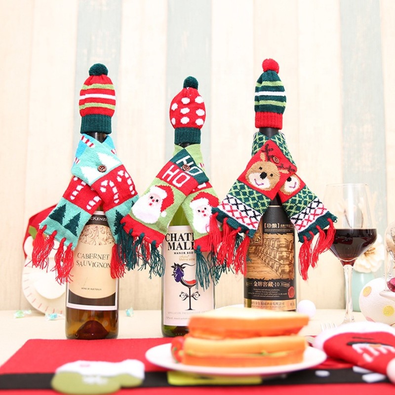 New Product Christmas Hats Cotton Decoration Decor Ornament Xmas Christmas Wine Bottle Cover Knitted Christmas Wine Scarf Hat