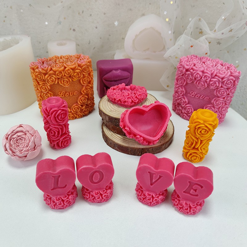 Valentine Gift DIY Mothers Day 3D Flower Cake Mold,Love Heart Rose Flower Candle Silicone Mold
