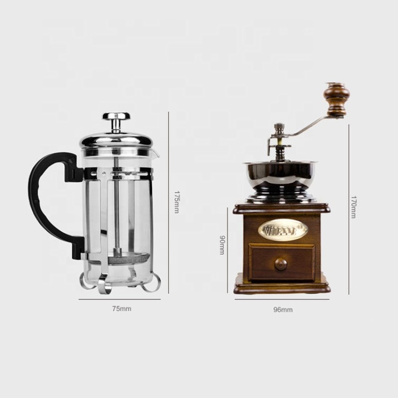 Wholesale Coffee Accessories Gift Box Wood Manual Coffee Grinder with 350 ml Glass French Press