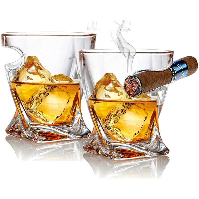 Promotional Price Cigar Whiskey Glass Old Fashioned Tumbler Glasses with Side Mounted Cigar Holder Rest Wine Drinkware