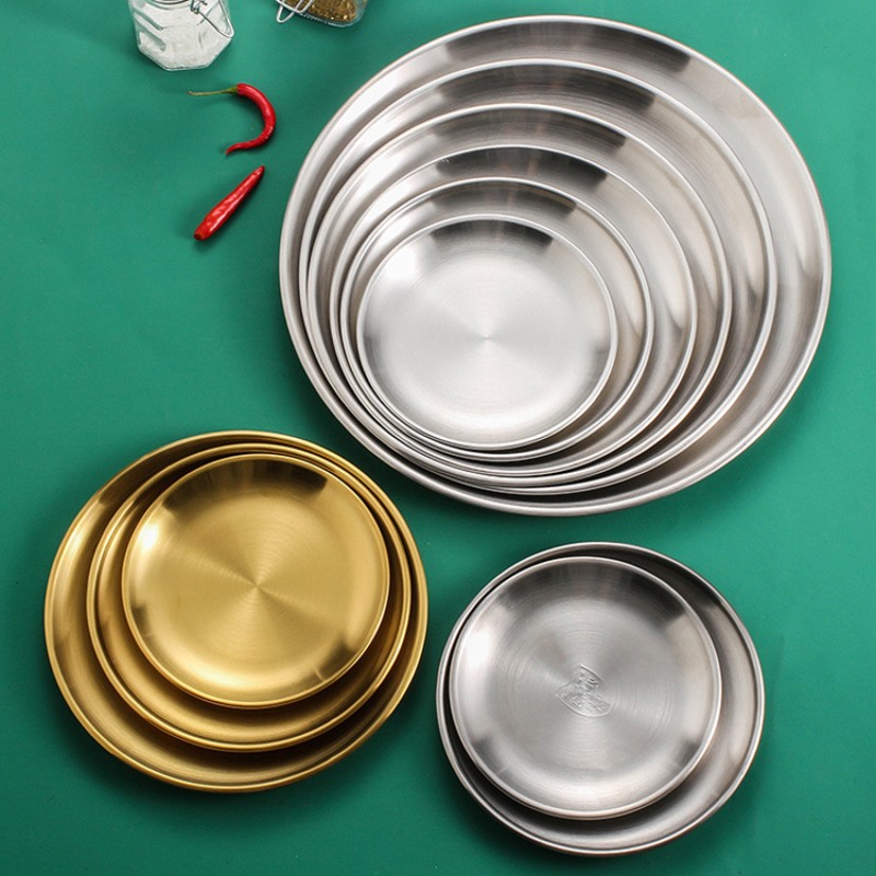 Korean Gold Pan Western Food Plate BBQ Plate Cake Dessert Fruit Plate Buffet 304 Stainless Steel