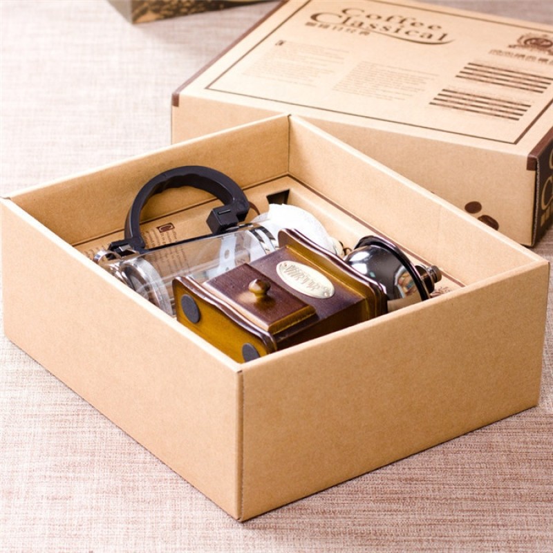 Wholesale Coffee Accessories Gift Box Wood Manual Coffee Grinder with 350 ml Glass French Press