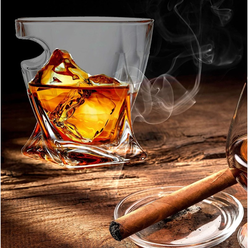 Promotional Price Cigar Whiskey Glass Old Fashioned Tumbler Glasses with Side Mounted Cigar Holder Rest Wine Drinkware