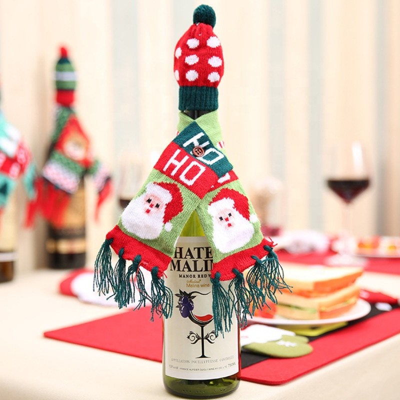 New Product Christmas Hats Cotton Decoration Decor Ornament Xmas Christmas Wine Bottle Cover Knitted Christmas Wine Scarf Hat