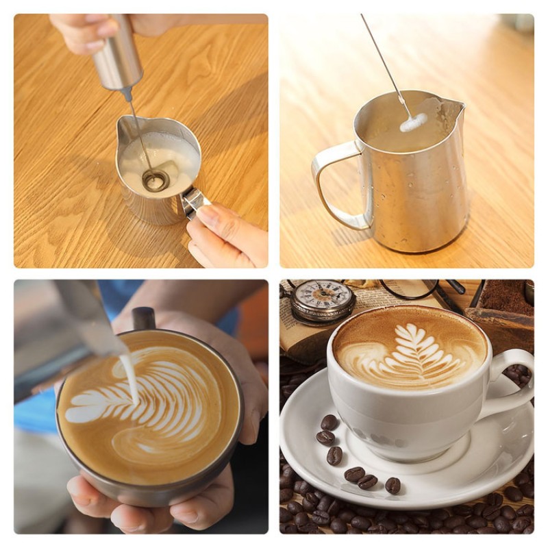 Portable Hand Milk Foamer Handheld Dry Battery Automatic Electric Stainless Steel Milk Frother With Stand