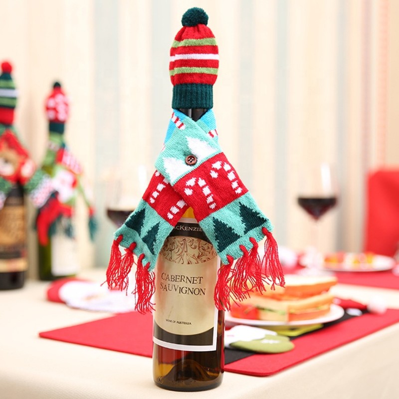 New Product Christmas Hats Cotton Decoration Decor Ornament Xmas Christmas Wine Bottle Cover Knitted Christmas Wine Scarf Hat