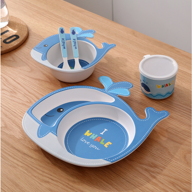 5pcs Eco-friendly Bamboo Fiber Dinner Kids Eating Plate Tableware Sets