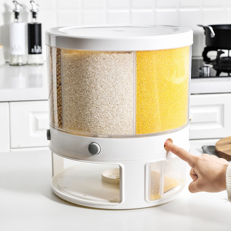 Hot  High Quality Kitchen Moisture-proof 6Grid Rotatable White Rice Dispenser Cereal Storage Box Plastic Grain Rice Bucket