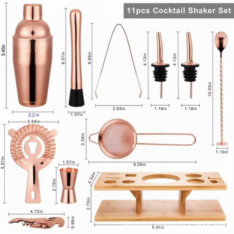 11-pc Premium Brushed Bartender Kit Cocktail Shaker Set Copper Coated Stainless Steel Bar Cocktail Maker Set With Stand