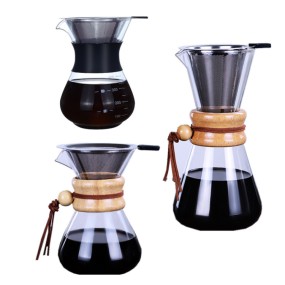 Hot Selling High Temperature Hand-made Funnel Filter Silica Gel Glass Coffee Pot Rubber Wood Tea and Coffee Pot