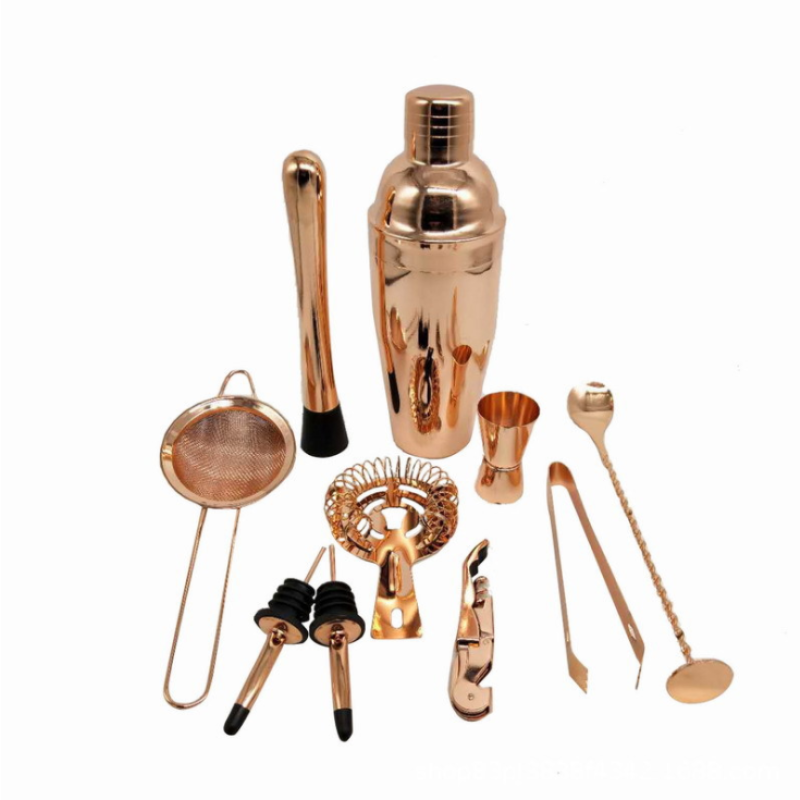 11-pc Premium Brushed Bartender Kit Cocktail Shaker Set Copper Coated Stainless Steel Bar Cocktail Maker Set With Stand