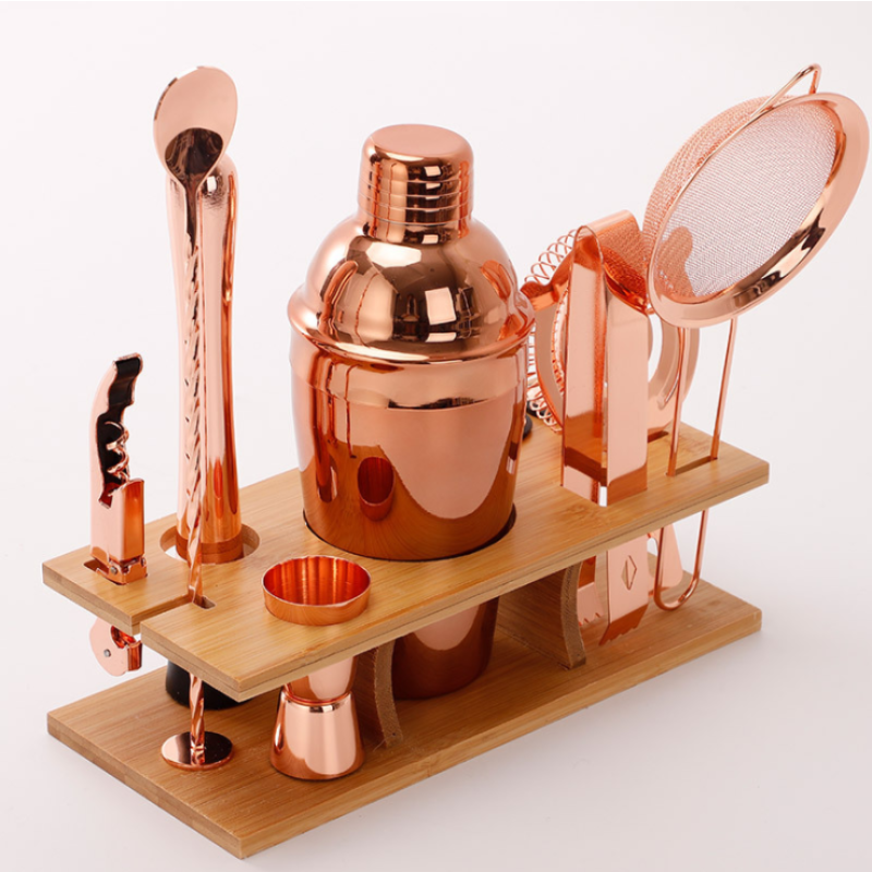 11-pc Premium Brushed Bartender Kit Cocktail Shaker Set Copper Coated Stainless Steel Bar Cocktail Maker Set With Stand