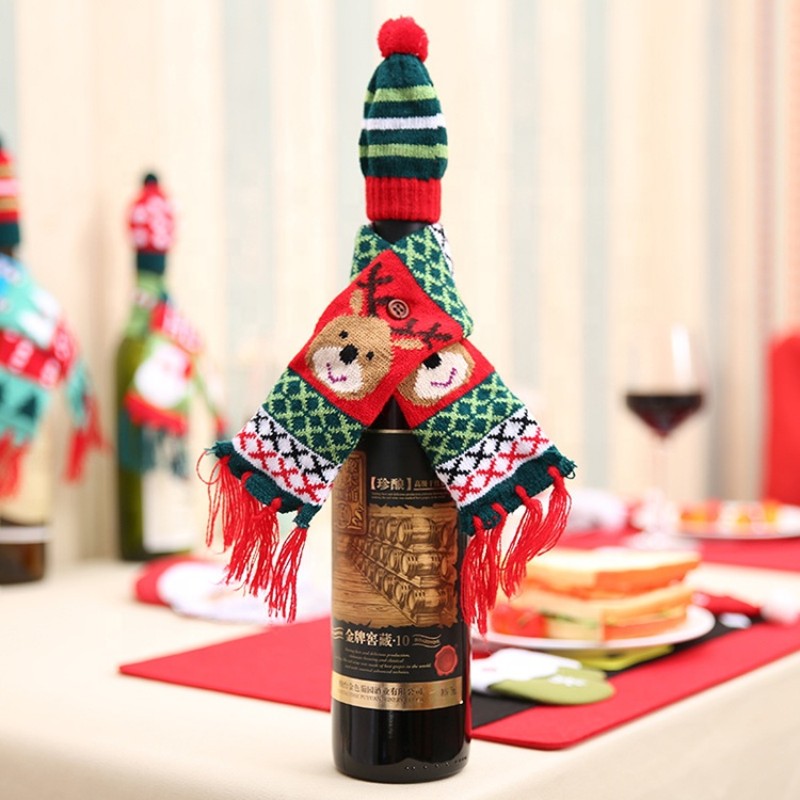 New Product Christmas Hats Cotton Decoration Decor Ornament Xmas Christmas Wine Bottle Cover Knitted Christmas Wine Scarf Hat