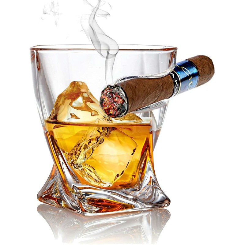 Promotional Price Cigar Whiskey Glass Old Fashioned Tumbler Glasses with Side Mounted Cigar Holder Rest Wine Drinkware