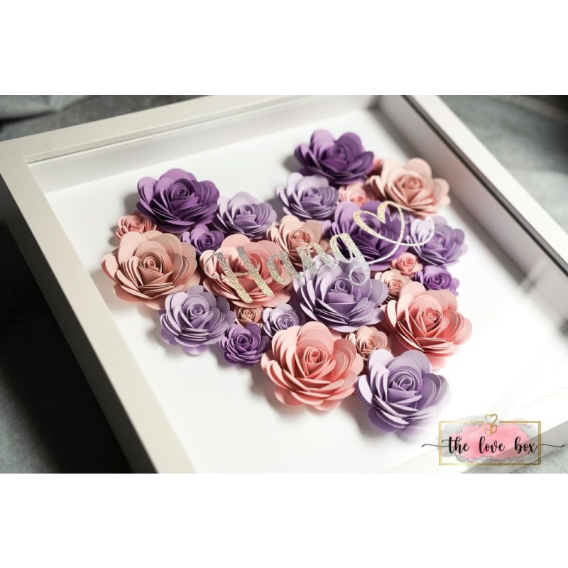 Custom Handmade Heart Shape Shadow Box with Flowers Photo Frame